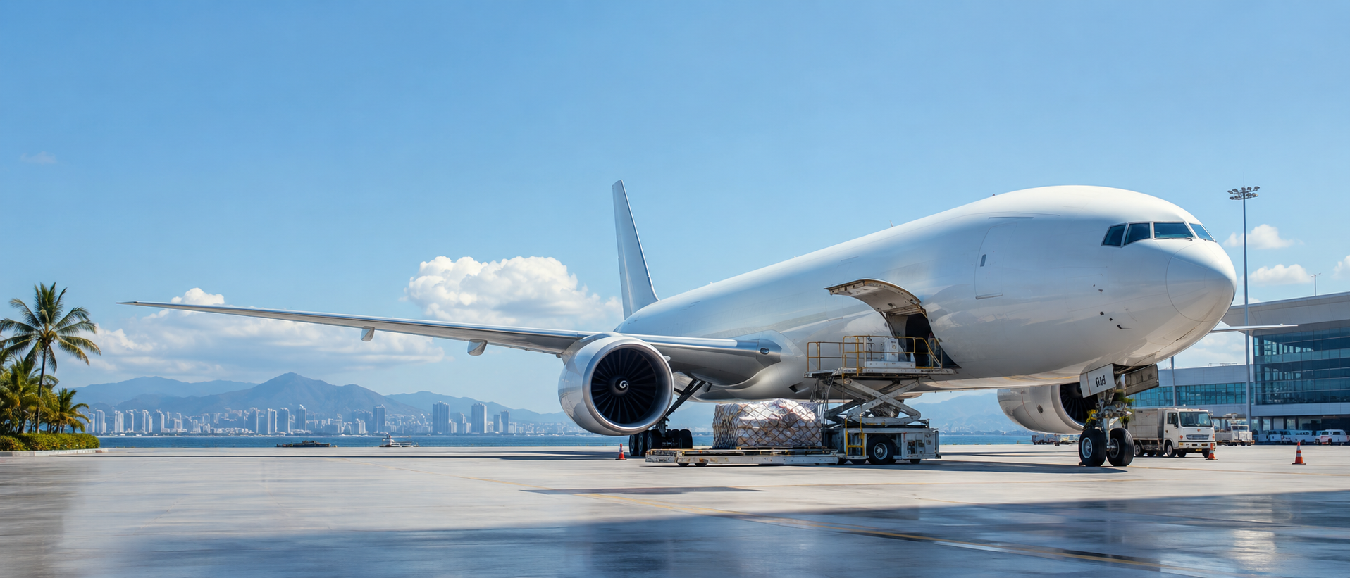 Unbranded widebody cargo aircraft at a tropical airport apron