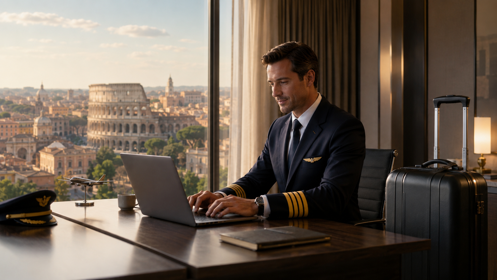 Pilot in uniform at a computer preparing an application with luggage for China