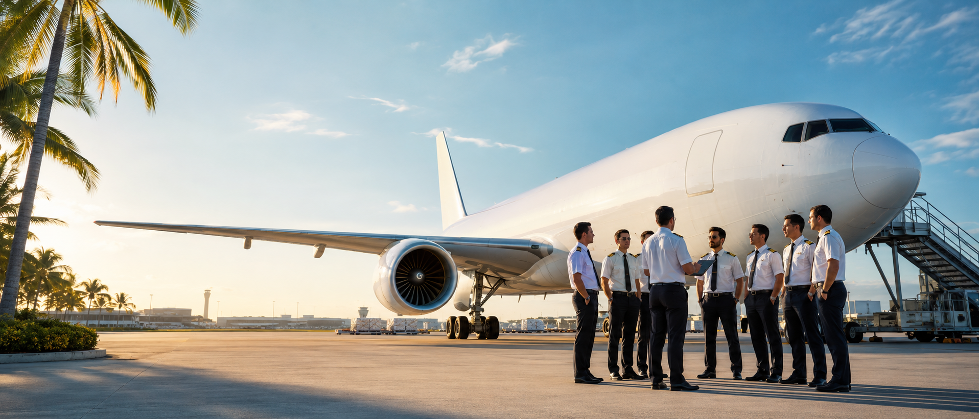 Pilots in uniform around a B777 at a tropical airport